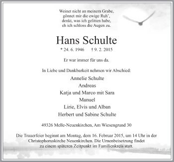 Traueranzeige von Hans Schulte von Neue Osnabrücker Zeitung GmbH & Co. KG