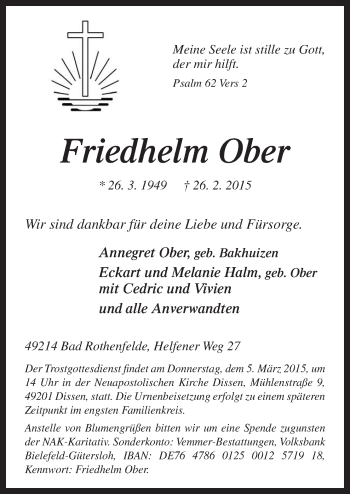 Traueranzeige von Friedhelm Ober von Neue Osnabrücker Zeitung GmbH & Co. KG