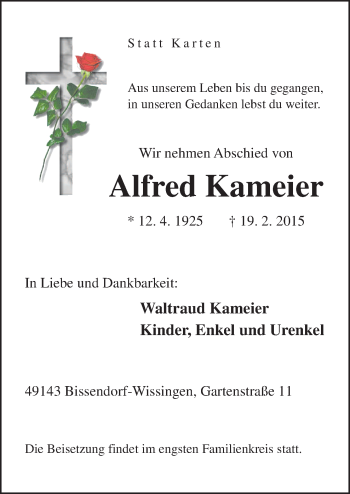 Traueranzeige von Alfred Kameier von Neue Osnabrücker Zeitung GmbH & Co. KG