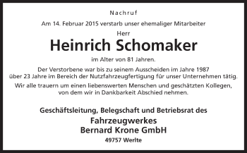 Traueranzeige von Heinrich Schomaker von Neue Osnabrücker Zeitung GmbH & Co. KG