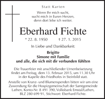 Traueranzeige von Eberhard Fichte von Neue Osnabrücker Zeitung GmbH & Co. KG