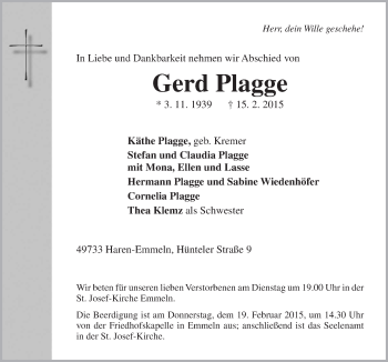 Traueranzeige von Gerd Plagge von Neue Osnabrücker Zeitung GmbH & Co. KG