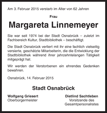 Traueranzeige von Margareta Linnemeyer von Neue Osnabrücker Zeitung GmbH & Co. KG