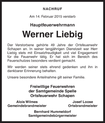 Traueranzeige von Werner Liebig von Neue Osnabrücker Zeitung GmbH & Co. KG