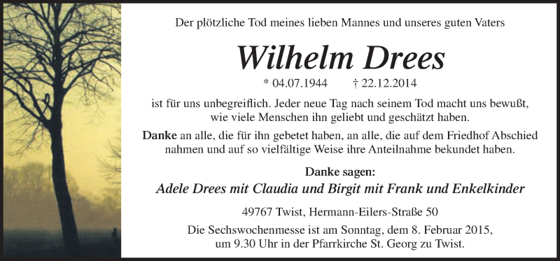  Traueranzeige für Wilhelm Drees vom 04.02.2015 aus Neue Osnabrücker Zeitung GmbH & Co. KG