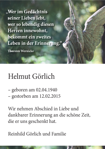 Traueranzeige von Helmut Görlich von Neue Osnabrücker Zeitung GmbH & Co. KG