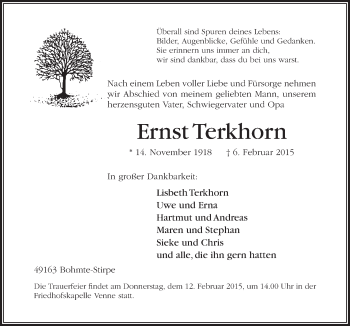 Traueranzeige von Ernst Terkhorn von Neue Osnabrücker Zeitung GmbH & Co. KG