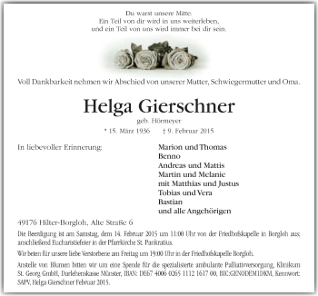 Traueranzeige von Helga Gierschner von Neue Osnabrücker Zeitung GmbH & Co. KG