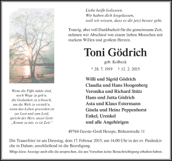 Traueranzeige von Toni Gödrich von Neue Osnabrücker Zeitung GmbH & Co. KG