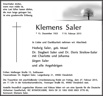 Traueranzeige von Klemens Saler von Neue Osnabrücker Zeitung GmbH & Co. KG