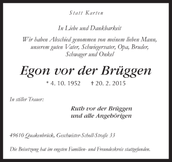 Traueranzeige von Egon vor der Brüggen von Neue Osnabrücker Zeitung GmbH & Co. KG