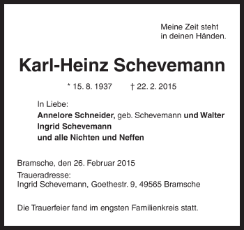 Traueranzeige von Karl-Heinz Schevemann von Neue Osnabrücker Zeitung GmbH & Co. KG