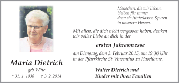 Traueranzeige von Maria Dietrich von Neue Osnabrücker Zeitung GmbH & Co. KG