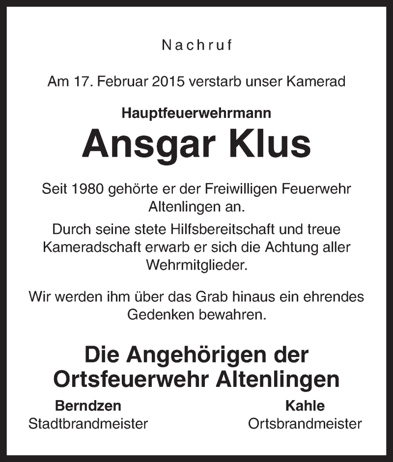  Traueranzeige für Ansgar Klus vom 21.02.2015 aus Neue Osnabrücker Zeitung GmbH & Co. KG