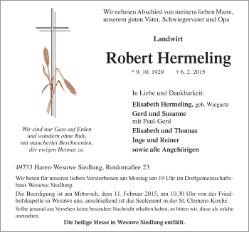 Traueranzeige von Robert Hermeling von Neue Osnabrücker Zeitung GmbH & Co. KG