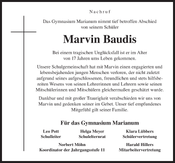 Traueranzeige von Marvin Baudis von Neue Osnabrücker Zeitung GmbH & Co. KG