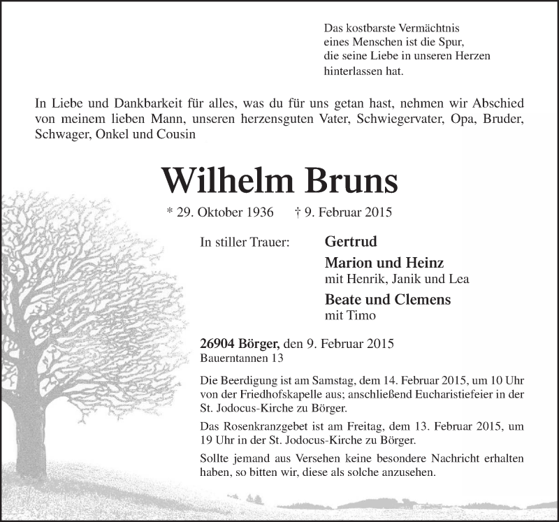  Traueranzeige für Wilhelm Bruns vom 12.02.2015 aus Neue Osnabrücker Zeitung GmbH & Co. KG