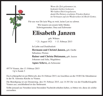 Traueranzeige von Elisabeth Janzen von Neue Osnabrücker Zeitung GmbH & Co. KG