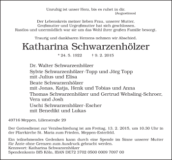 Traueranzeige von Katharina Schwarzenhölzer von Neue Osnabrücker Zeitung GmbH & Co. KG