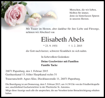 Traueranzeige von Elisabeth Abels von Neue Osnabrücker Zeitung GmbH & Co. KG