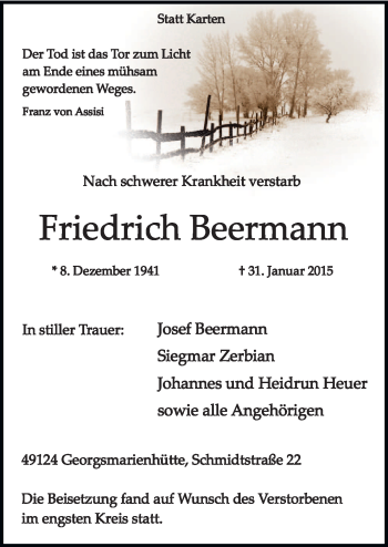 Traueranzeige von Friedrich Beermann von Neue Osnabrücker Zeitung GmbH & Co. KG