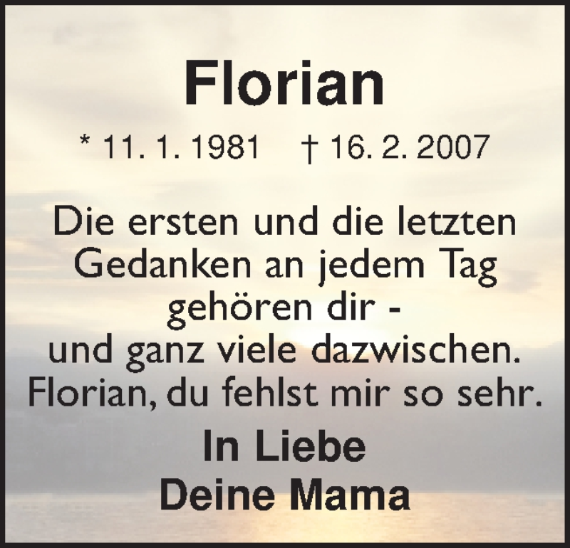  Traueranzeige für Florian  vom 16.02.2015 aus Neue Osnabrücker Zeitung GmbH & Co. KG