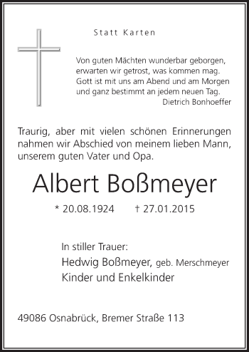 Traueranzeige von Albert Boßmeyer von Neue Osnabrücker Zeitung GmbH & Co. KG