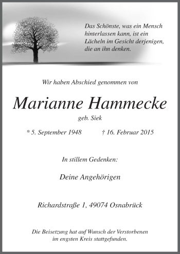Traueranzeige von Marianne Hammecke von Neue Osnabrücker Zeitung GmbH & Co. KG