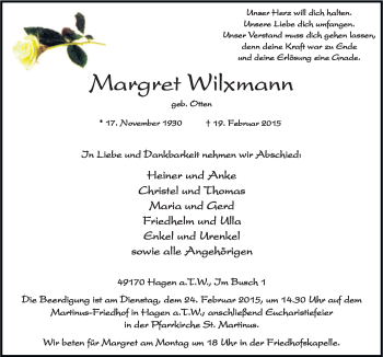 Traueranzeige von Mergret Wilxmann von Neue Osnabrücker Zeitung GmbH & Co. KG