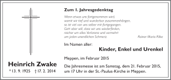 Traueranzeige von Heinrich Zwake von Neue Osnabrücker Zeitung GmbH & Co. KG