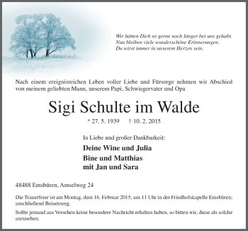 Traueranzeige von Sigi  Schulte im Walde von Neue Osnabrücker Zeitung GmbH & Co. KG