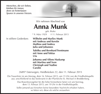 Traueranzeige von Anna Munk von Neue Osnabrücker Zeitung GmbH & Co. KG
