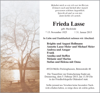 Traueranzeige von Frieda Lasse von Neue Osnabrücker Zeitung GmbH & Co. KG