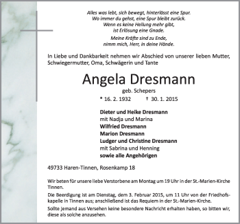 Traueranzeige von Angela Dresmann von Neue Osnabrücker Zeitung GmbH & Co. KG