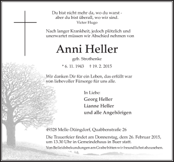 Traueranzeige von Anni Heller von Neue Osnabrücker Zeitung GmbH & Co. KG