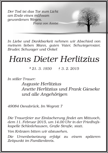 Traueranzeige von Hans Dieter Herlitzius von Neue Osnabrücker Zeitung GmbH & Co. KG