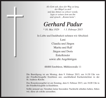 Traueranzeige von Gerhard Padur von Neue Osnabrücker Zeitung GmbH & Co. KG