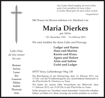 Traueranzeige von Maria Dierkes von Neue Osnabrücker Zeitung GmbH & Co. KG