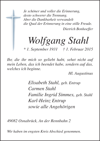 Traueranzeige von Wolfgang Stahl von Neue Osnabrücker Zeitung GmbH & Co. KG