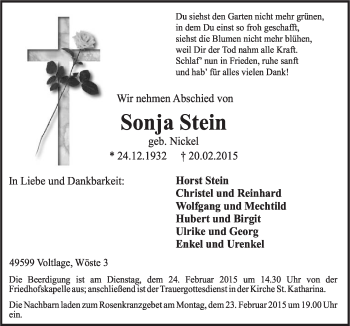 Traueranzeige von Sonja Stein von Neue Osnabrücker Zeitung GmbH & Co. KG