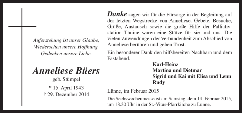  Traueranzeige für Anneliese Büers vom 07.02.2015 aus Neue Osnabrücker Zeitung GmbH & Co. KG