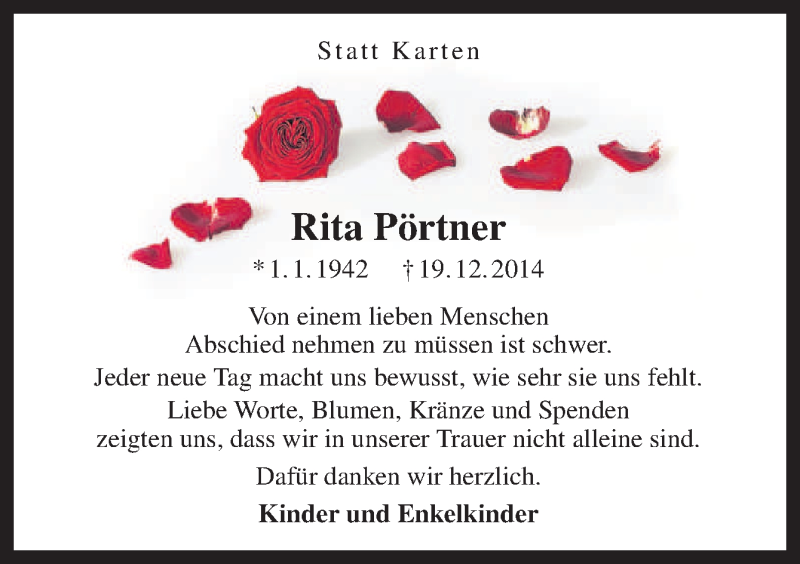  Traueranzeige für Rita Pörtner vom 14.02.2015 aus Neue Osnabrücker Zeitung GmbH & Co. KG