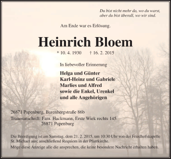 Traueranzeige von Heinrich Bloem von Neue Osnabrücker Zeitung GmbH & Co. KG