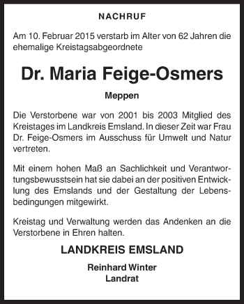 Traueranzeige von Maria Feige-Osmers von Neue Osnabrücker Zeitung GmbH & Co. KG
