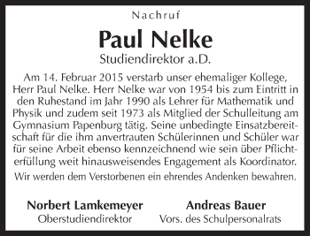 Traueranzeige von Paul Nelke von Neue Osnabrücker Zeitung GmbH & Co. KG