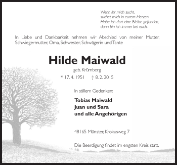 Traueranzeige von Hilde Maiwald von Neue Osnabrücker Zeitung GmbH & Co. KG