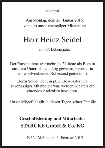 Traueranzeige von Heinz Seidel von Neue Osnabrücker Zeitung GmbH & Co. KG