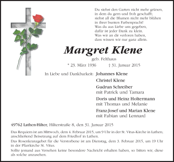 Traueranzeige von Margret Klene von Neue Osnabrücker Zeitung GmbH & Co. KG