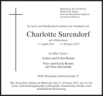 Traueranzeige von Charlotte Surendorf von Neue Osnabrücker Zeitung GmbH & Co. KG