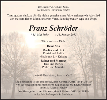 Traueranzeige von Franz Schröder von Neue Osnabrücker Zeitung GmbH & Co. KG
